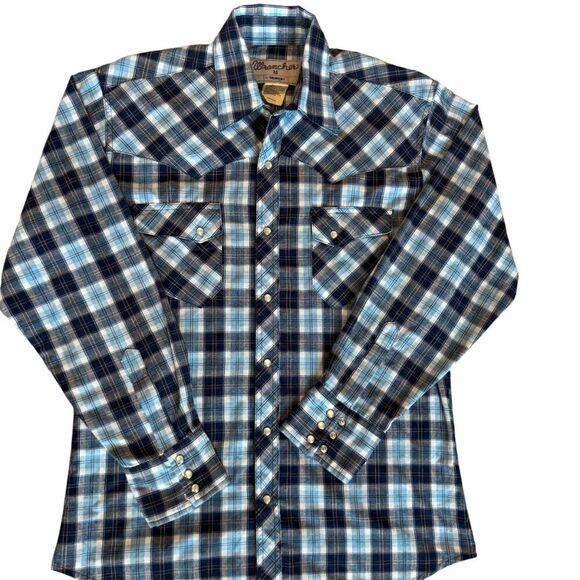 Wrangler Wrancher Vintage 80s 90s Western Pearl Snap Plaid Shirt Blue Men’s M - Picture 5 of 5